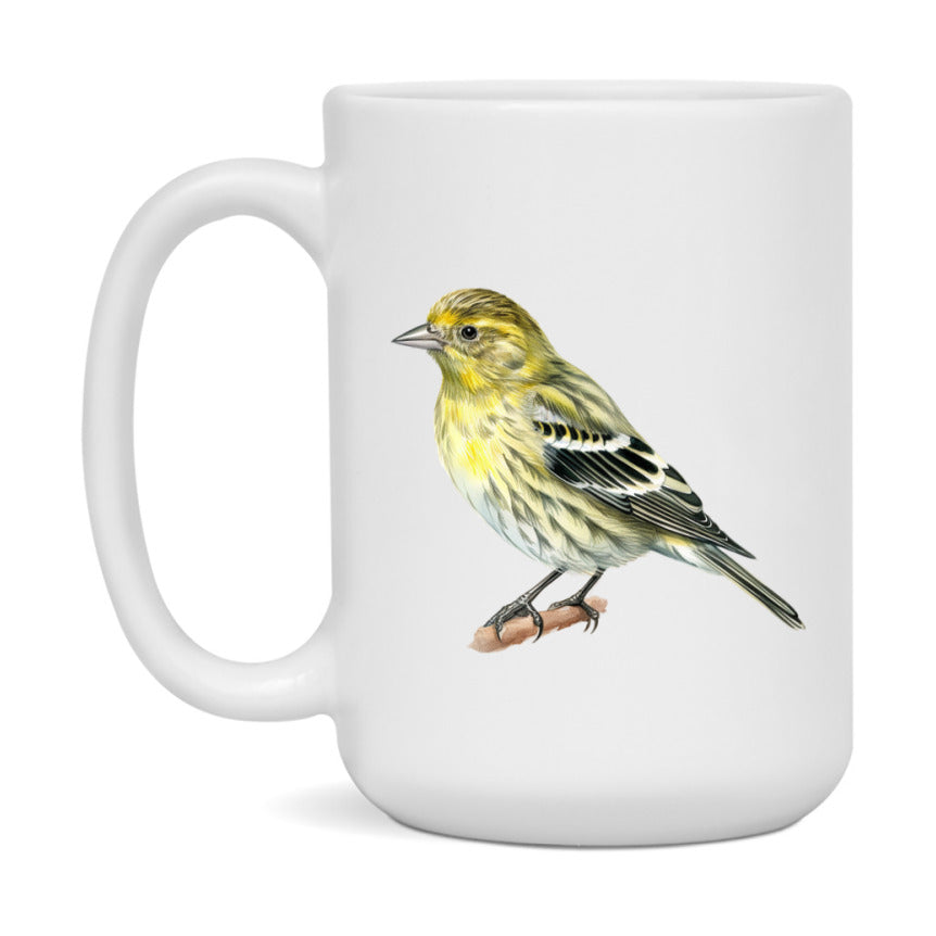 Bird Watching Mug, Pine Siskin Song Bird Mug, 11oz or 15oz White Ceramic Coffee Mug Gift for Bird Watchers
