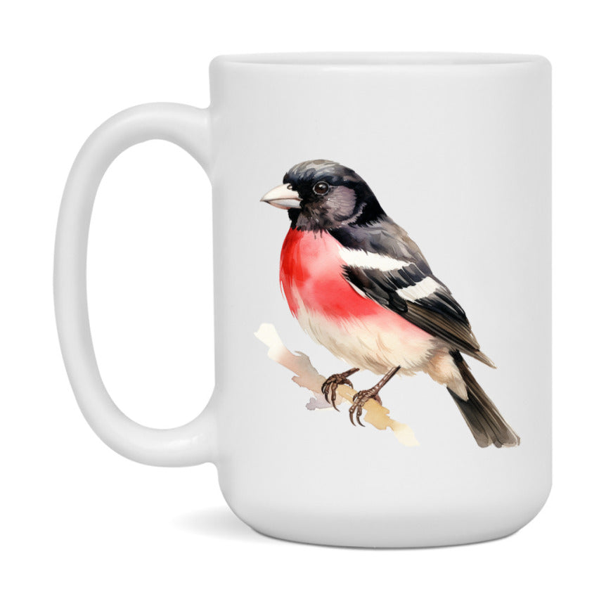 Bird Watching Mug, Rose Breasted Grosbeak Song Bird Mug, 11oz or 15oz White Ceramic Coffee Mug Gift for Bird Watchers