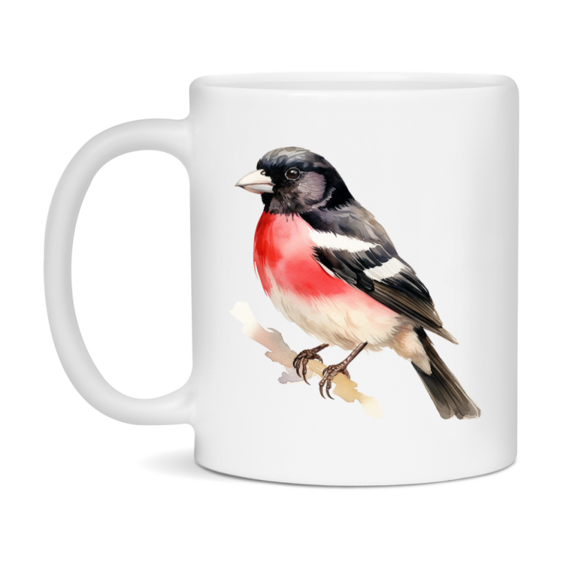 Bird Watching Mug, Rose Breasted Grosbeak Song Bird Mug, 11oz or 15oz White Ceramic Coffee Mug Gift for Bird Watchers