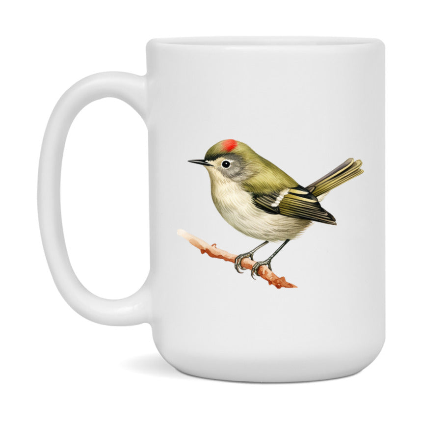 Bird Watching Mug, Ruby Crowned Kinglet Song Bird Mug, 11oz or 15oz White Ceramic Coffee Mug Gift for Bird Watchers