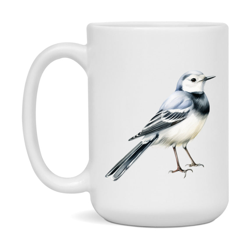 Bird Watching Mug, White Wagtail Song Bird Mug, 11oz or 15oz White Ceramic Coffee Mug Gift for Bird Watchers
