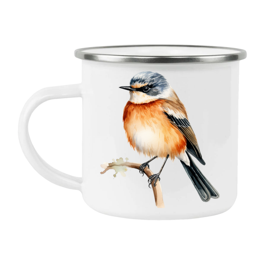 Bird Watching Mug, African Stonechat Song Bird Camping Mug, 12oz Camping Mug, White Stainless Steel Cup with Handle