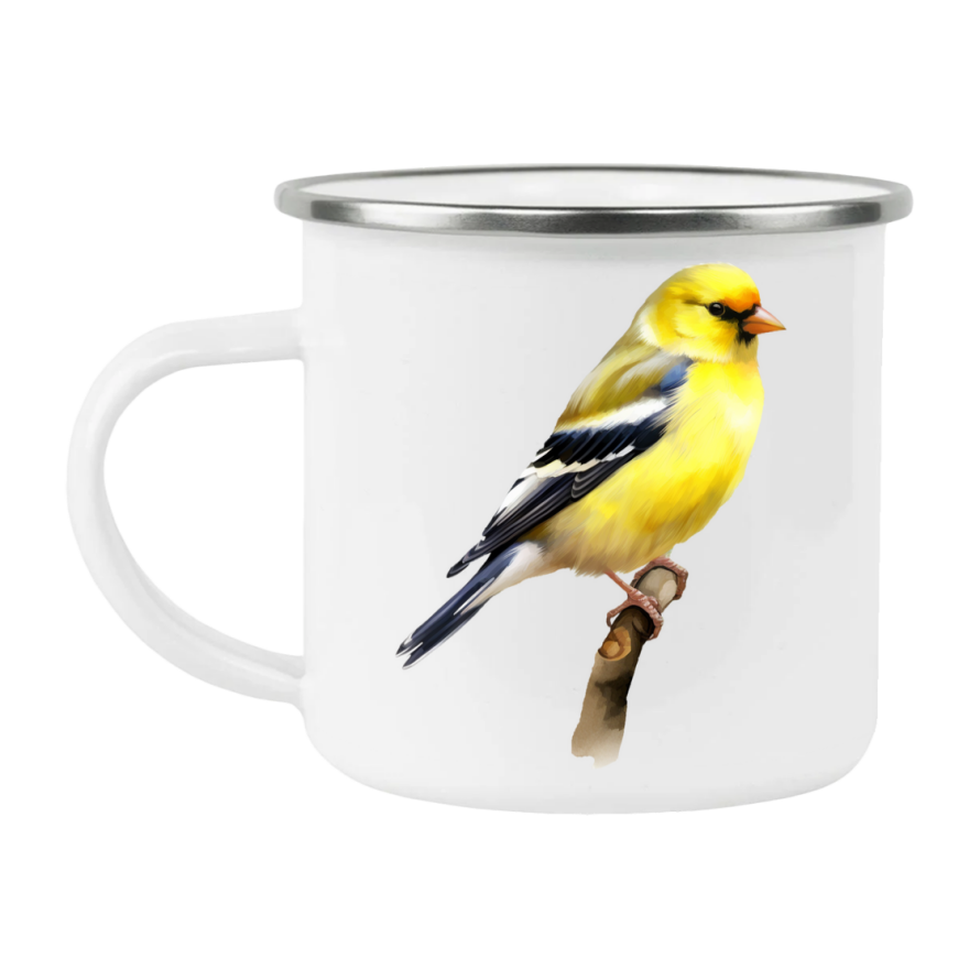 Bird Watching Mug, American Goldfinch Song Bird Camping Mug, 12oz Camping Mug, White Stainless Steel Cup with Handle