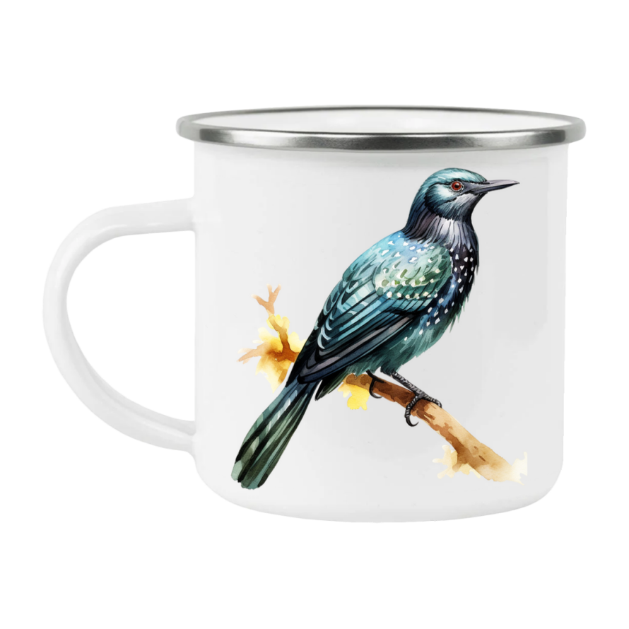 Bird Watching Mug, Asian Koel Song Bird Camping Mug, 12oz Camping Mug, White Stainless Steel Cup with Handle