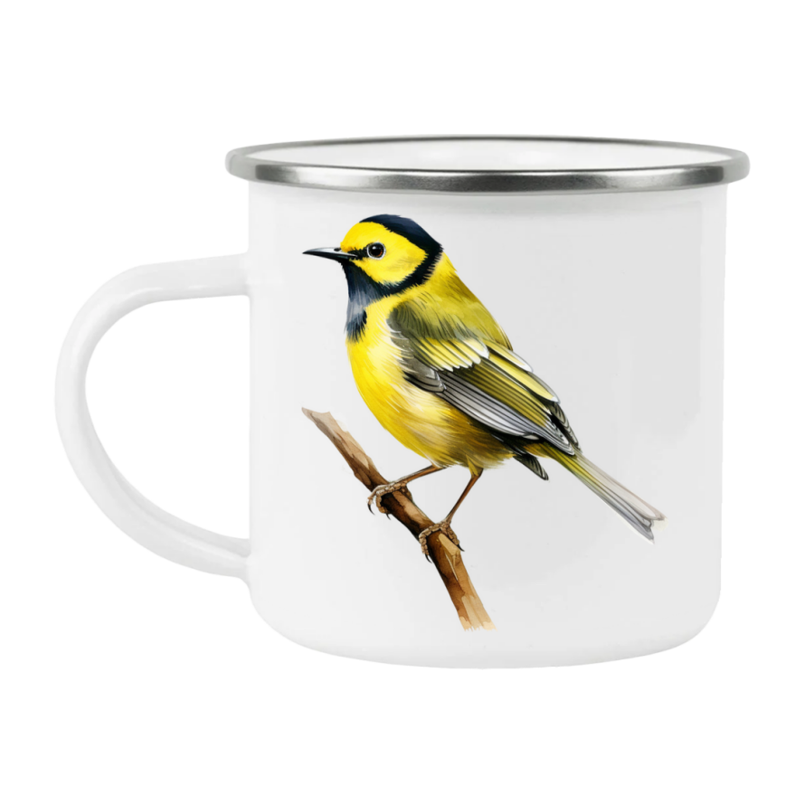 Bird Watching Mug, Black Hooded Warbler Song Bird Camping Mug, 12oz Camping Mug, White Stainless Steel Cup with Handle