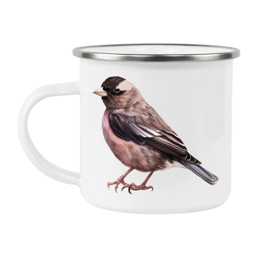 Bird Watching Mug, Black Rosy Finch Song Bird Camping Mug, 12oz Camping Mug, White Stainless Steel Cup with Handle