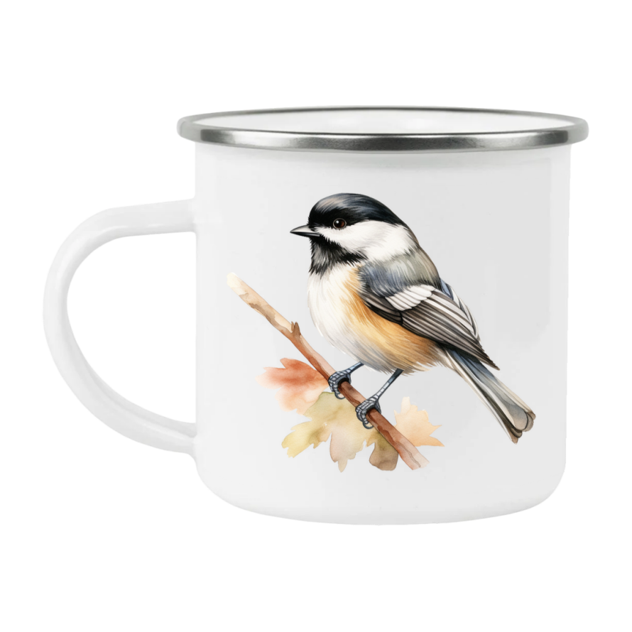 Bird Watching Mug, Black Capped Chickadee Song Bird Camping Mug, 12oz Camping Mug, White Stainless Steel Cup with Handle