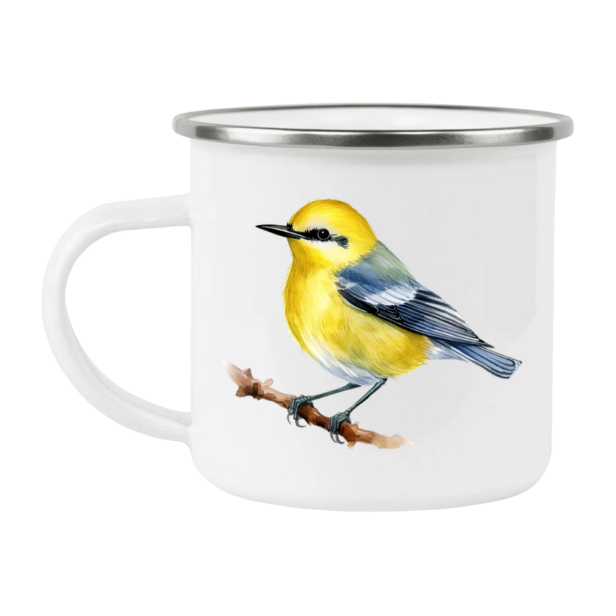 Bird Watching Mug, Blue Winged Warbler Song Bird Camping Mug, 12oz Camping Mug, White Stainless Steel Cup with Handle