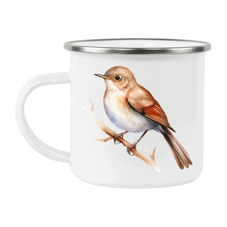 Bird Watching Mug, Common Nightingale Song Bird Camping Mug, 12oz Camping Mug, White Stainless Steel Cup with Handle
