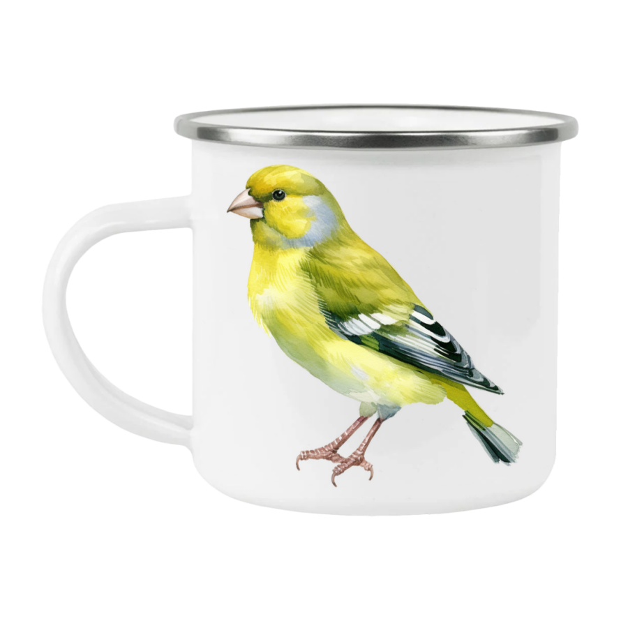 Bird Watching Mug, European Greenfinch Song Bird Camping Mug, 12oz Camping Mug, White Stainless Steel Cup with Handle