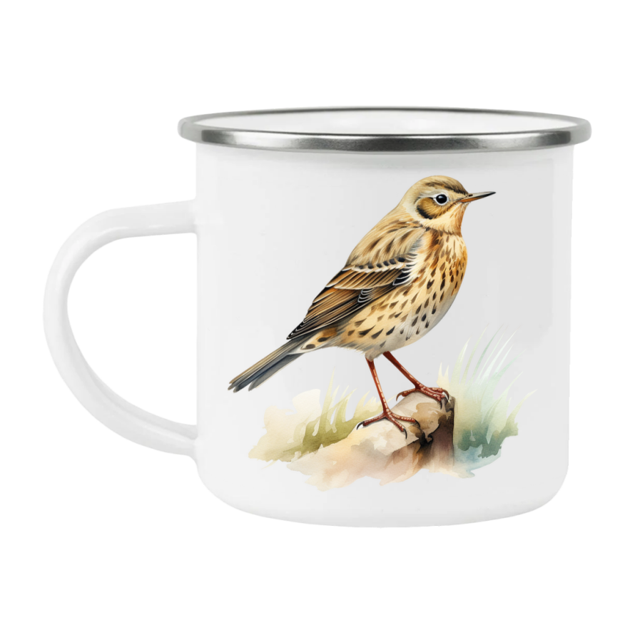 Bird Watching Mug, Meadow Pipit Song Bird Camping Mug, 12oz Camping Mug, White Stainless Steel Cup with Handle