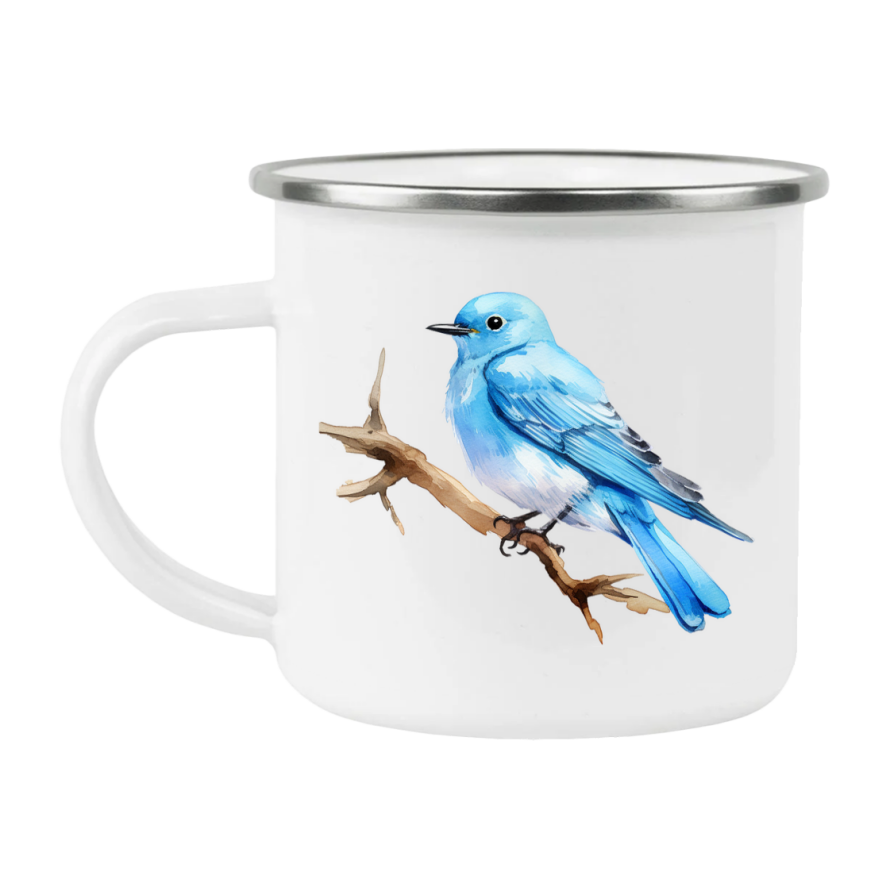 Bird Watching Mug, Mountain Bluebird Song Bird Camping Mug, 12oz Camping Mug, White Stainless Steel Cup with Handle