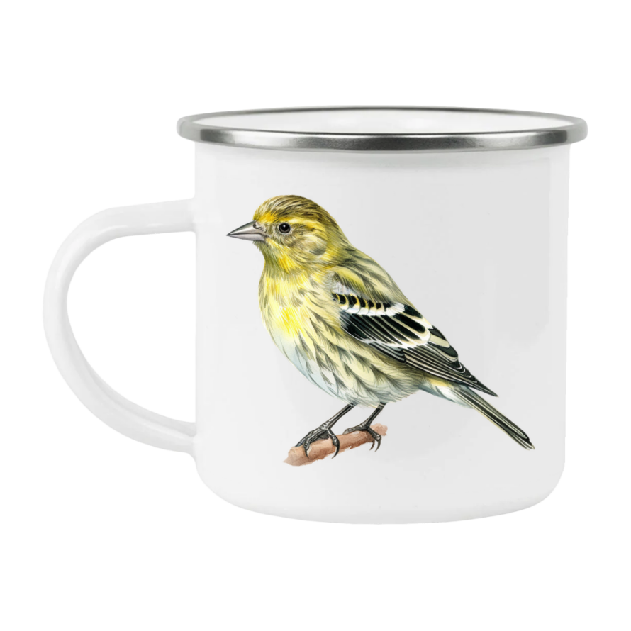 Bird Watching Mug, Pine Siskin Song Bird Camping Mug, 12oz Camping Mug, White Stainless Steel Cup with Handle