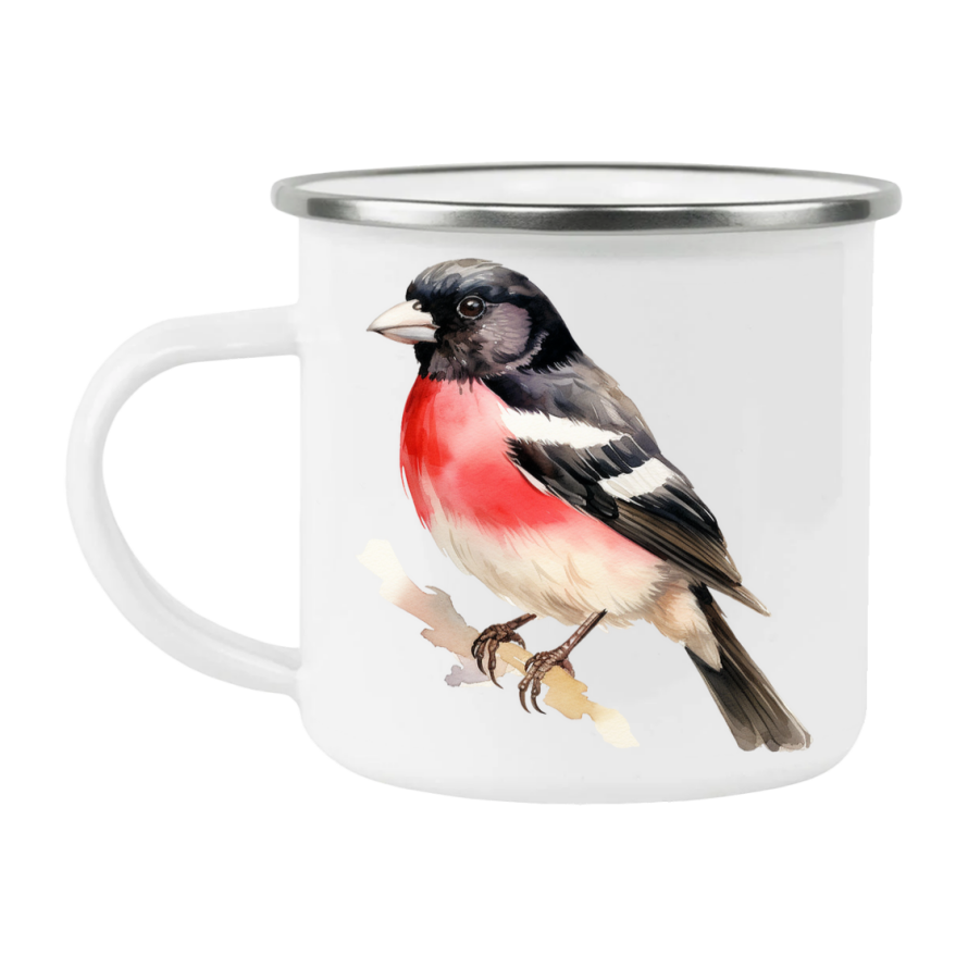 Bird Watching Mug, Rose Breasted Grosbeak Song Bird Camping Mug, 12oz Camping Mug, White Stainless Steel Cup with Handle