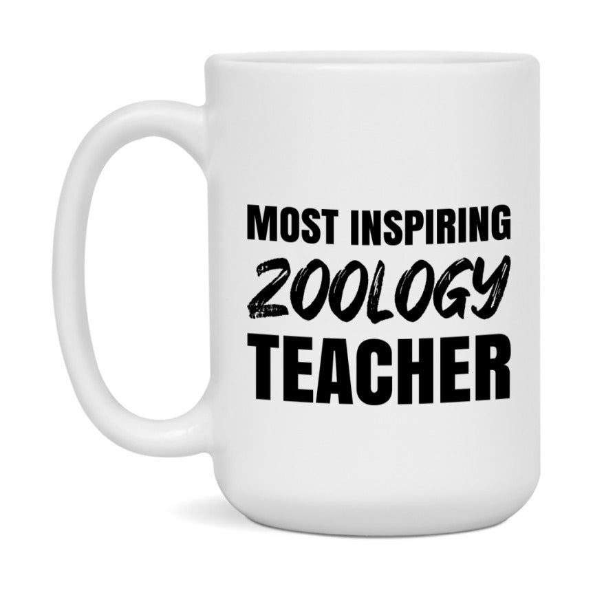 Teacher Superlative Mug, Most Inspiring Zoology Teacher Gift, 11oz or 15oz White Ceramic Coffee Cup, Gift for Zoology Teacher