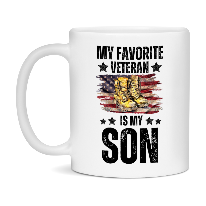 Veteran Gift Mug, My Favorite Veteran Is My Son, 11oz or 15oz Ceramic Coffee Cup Gift for Son