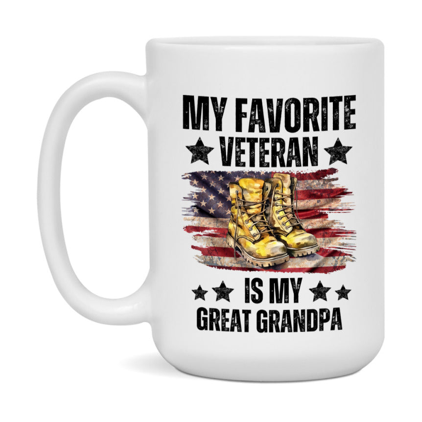 Veteran Gift Mug, My Favorite Veteran Is My Great Grandpa, 11oz or 15oz Ceramic Coffee Cup Gift for Great Grandpa