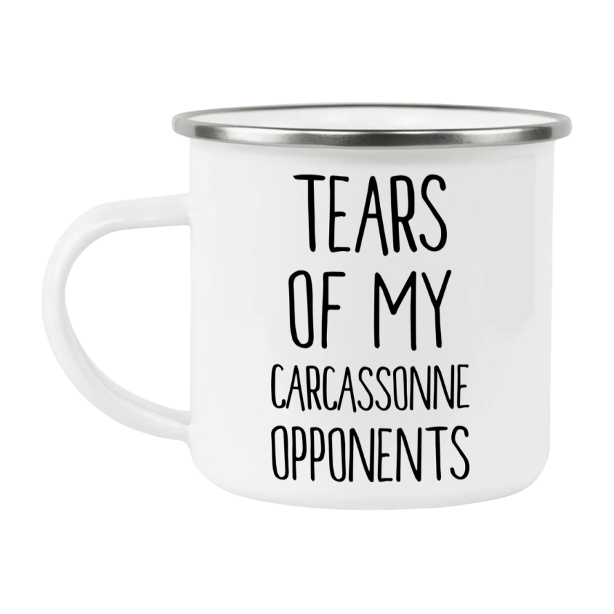 Funny Board Game Mug, Tears Of My Carcassonne Opponents, 12Oz White Enamel Camping Mug, Novelty Gift For Carcassonne Players