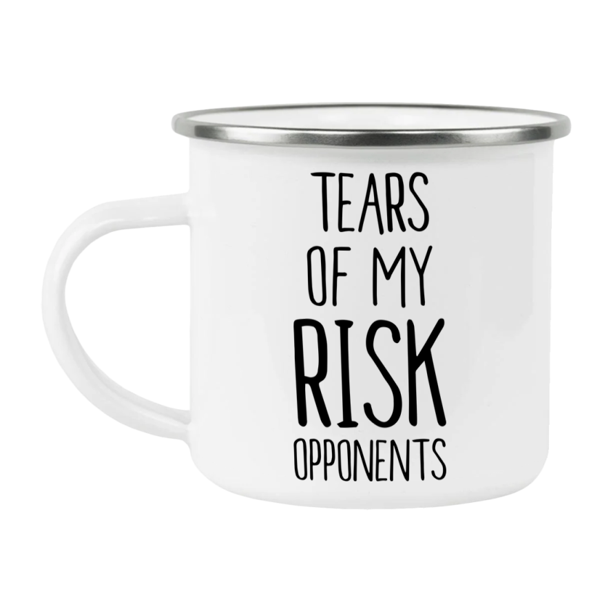 Funny Board Game Mug, Tears Of My Risk Opponents, 12Oz White Enamel Camping Mug, Novelty Gift For Risk Players