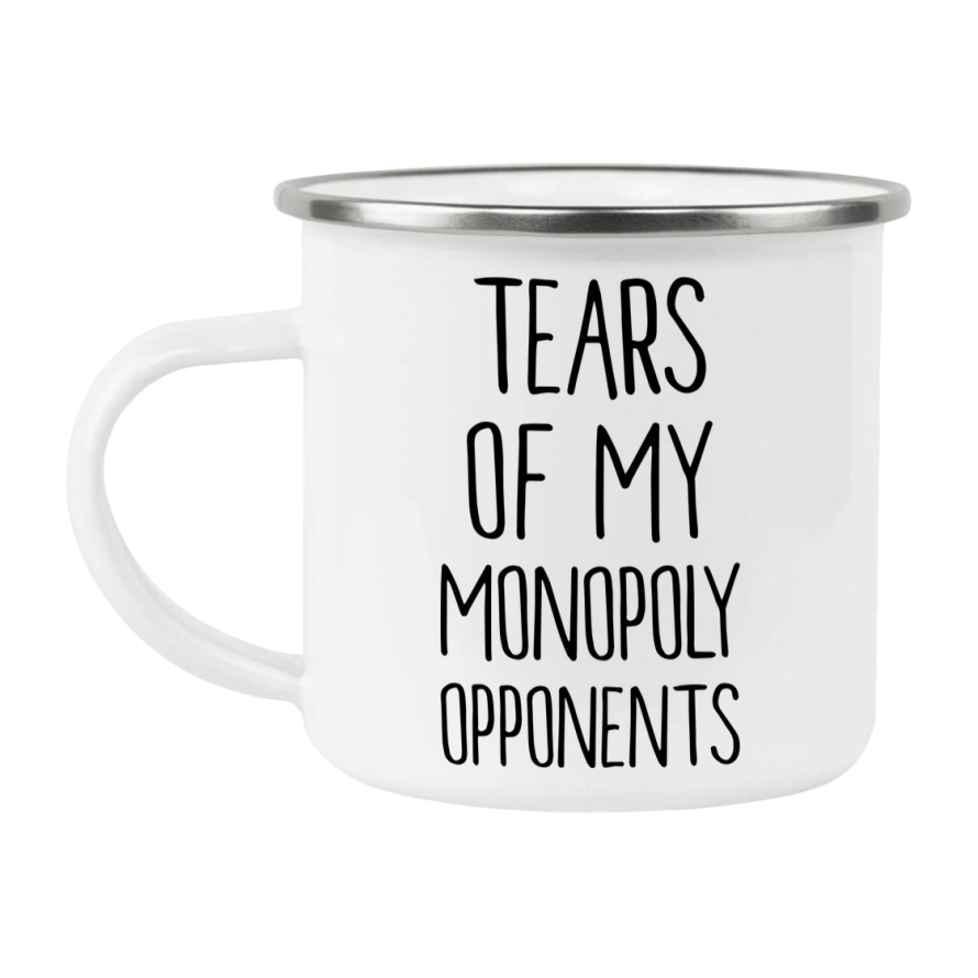 Funny Board Game Mug, Tears Of My Monopoly Opponents, 12Oz White Enamel Camping Mug, Novelty Gift For Monopoly Players