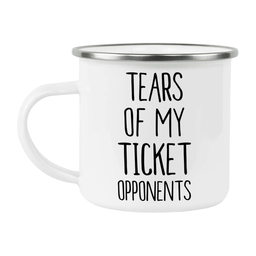 Funny Board Game Mug, Tears Of My Ticket Opponents, 12Oz White Enamel Camping Mug, Novelty Gift For Ticket Players