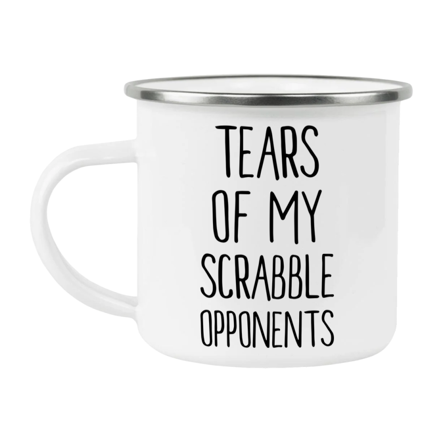 Funny Board Game Mug, Tears Of My Scrabble Opponents, 12Oz White Enamel Camping Mug, Novelty Gift For Scrabble Players