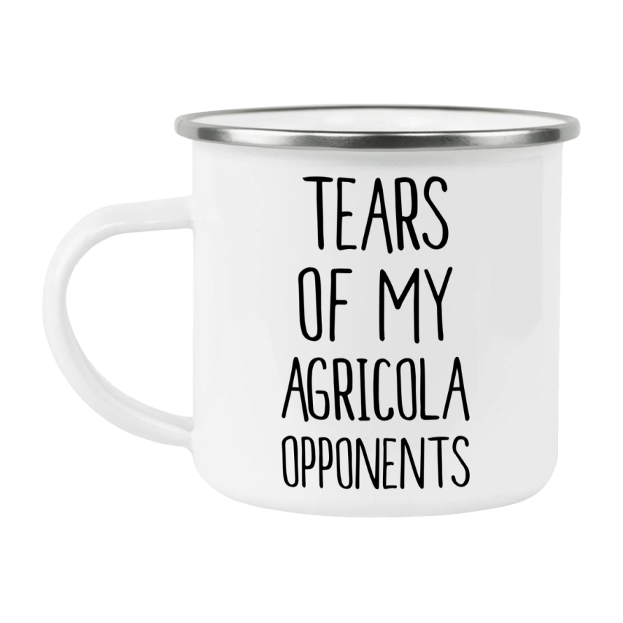 Funny Board Game Mug, Tears Of My Agricola Opponents, 12Oz White Enamel Camping Mug, Novelty Gift For Agricola Players