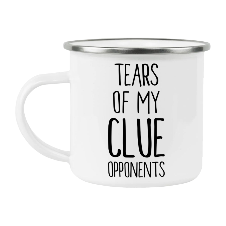 Funny Board Game Mug, Tears Of My Clue Opponents, 12Oz White Enamel Camping Mug, Novelty Gift For Clue Players