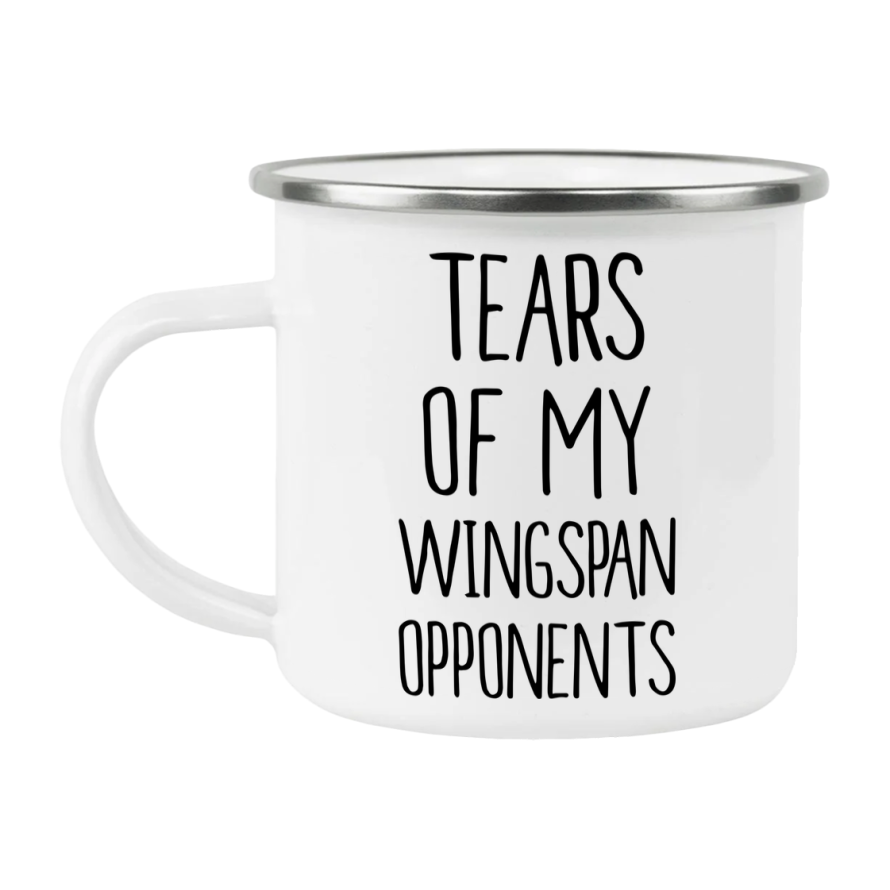 Funny Board Game Mug, Tears Of My Wingspan Opponents, 12Oz White Enamel Camping Mug, Novelty Gift For Wingspan Players