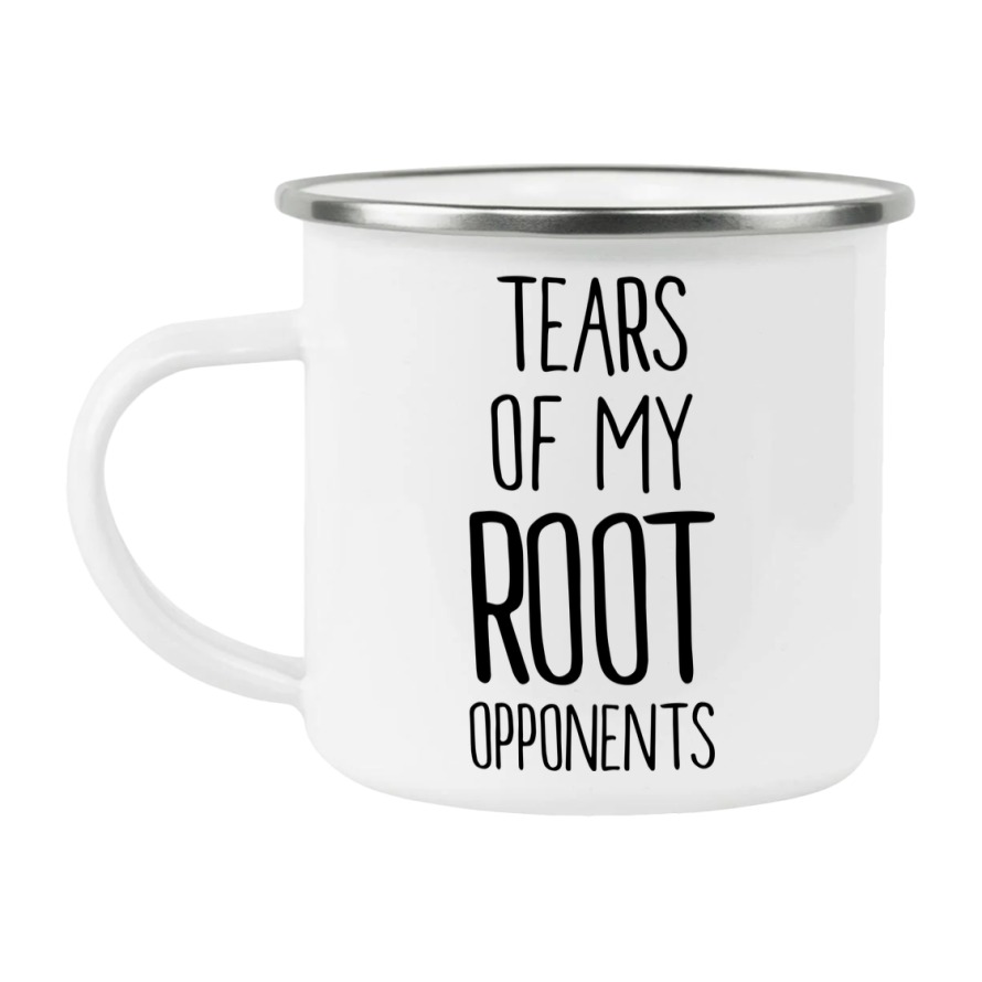 Funny Board Game Mug, Tears Of My Root Opponents, 12Oz White Enamel Camping Mug, Novelty Gift For Root Players