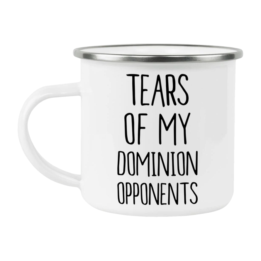 Funny Board Game Mug, Tears Of My Dominion Opponents, 12Oz White Enamel Camping Mug, Novelty Gift For Dominion Players
