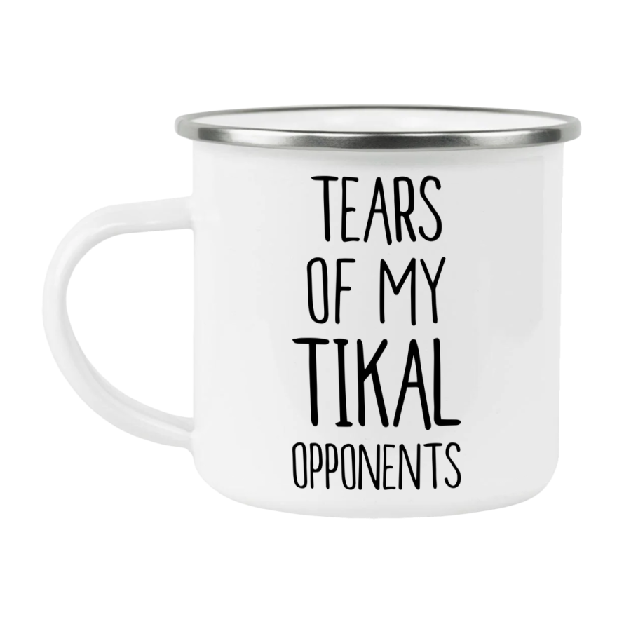 Funny Board Game Mug, Tears Of My Tikal Opponents, 12Oz White Enamel Camping Mug, Novelty Gift For Tikal Players
