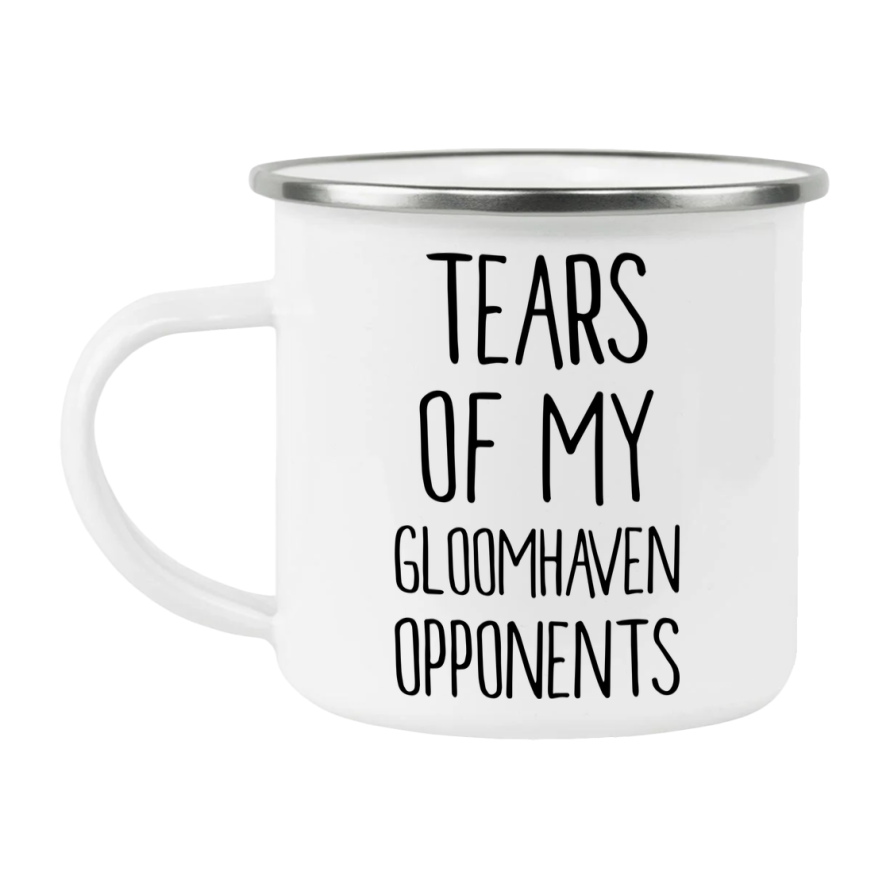 Funny Board Game Mug, Tears Of My Gloomhaven Opponents, 12Oz White Enamel Camping Mug, Novelty Gift For Gloomhaven Players