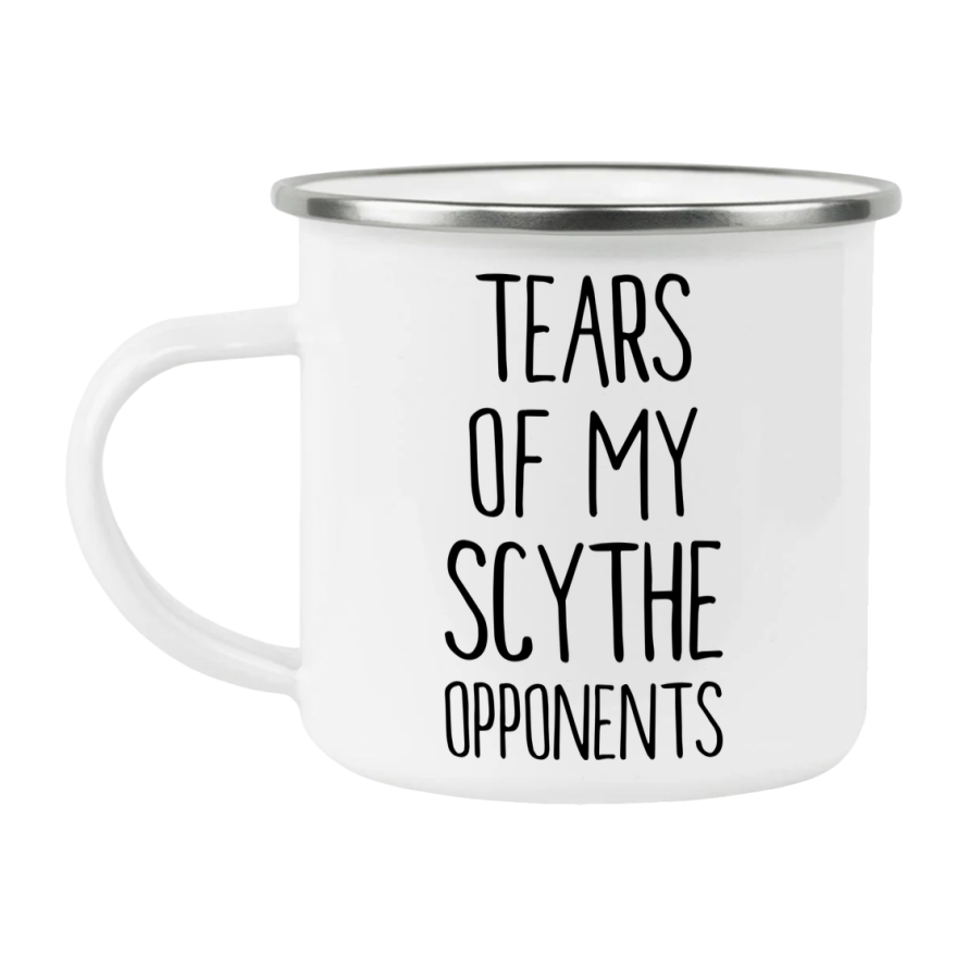 Funny Board Game Mug, Tears Of My Scythe Opponents, 12Oz White Enamel Camping Mug, Novelty Gift For Scythe Players