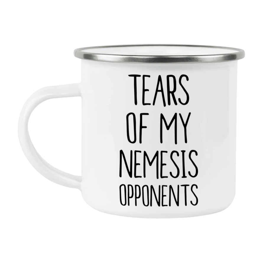 Funny Board Game Mug, Tears Of My Nemesis Opponents, 12Oz White Enamel Camping Mug, Novelty Gift For Nemesis Players