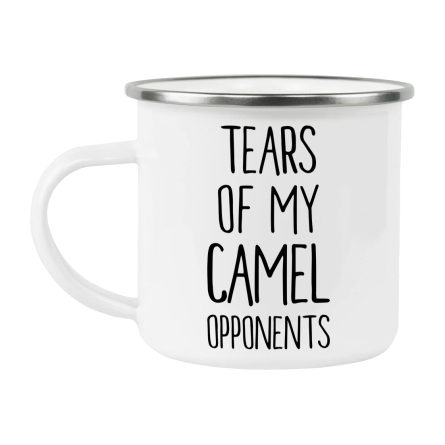 Funny Board Game Mug, Tears Of My Camel Opponents, 12Oz White Enamel Camping Mug, Novelty Gift For Camel Players