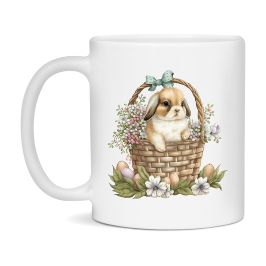 Easter Bunny Coffee Mug, Cute Bunny With Basket Easter Gift, Double-Sided 11Oz Or 15Oz White Ceramic Cup