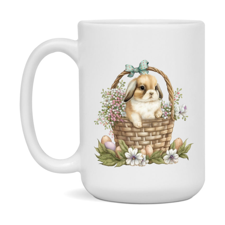 Easter Bunny Coffee Mug, Cute Bunny With Basket Easter Gift, Double-Sided 11Oz Or 15Oz White Ceramic Cup
