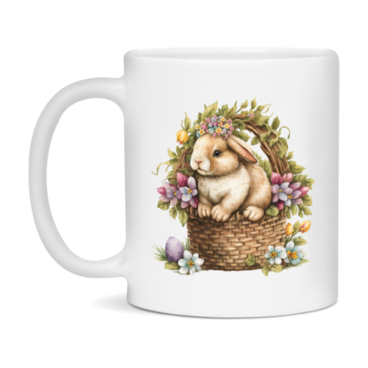 Easter Bunny Coffee Mug, Vintage Bunny Basket Design Easter Gift, Double-Sided 11Oz Or 15Oz White Ceramic Cup