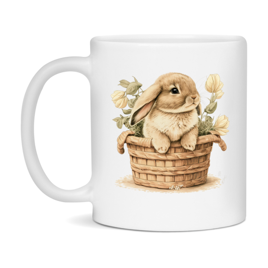 Easter Bunny Coffee Mug, Whimsical Bunny Basket Easter Gift, Double-Sided 11Oz Or 15Oz White Ceramic Cup