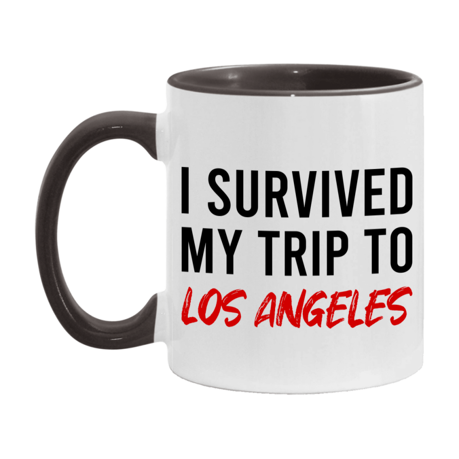 Funny Travel Mug – I Survived My Trip to Los Angeles, 11oz or 15oz White Ceramic Coffee Mug, Novelty Travel Gift