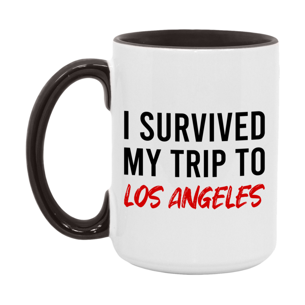 Funny Travel Mug – I Survived My Trip to Los Angeles, 11oz or 15oz White Ceramic Coffee Mug, Novelty Travel Gift