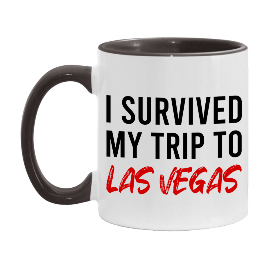 Funny Travel Mug – I Survived My Trip to Las Vegas, 11oz or 15oz White Ceramic Coffee Mug, Novelty Travel Gift