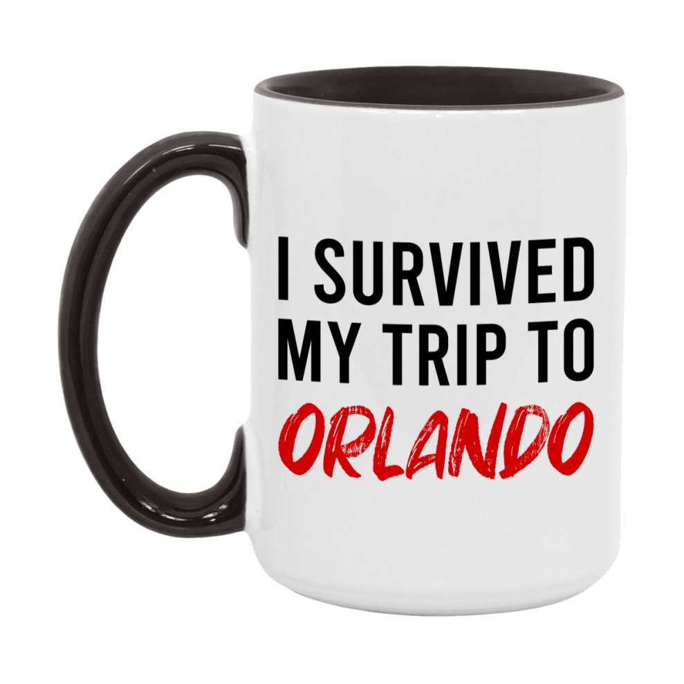 Funny Travel Mug – I Survived My Trip to Orlando, 11oz or 15oz White Ceramic Coffee Mug, Novelty Travel Gift
