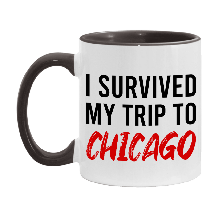 Funny Travel Mug – I Survived My Trip to Chicago, 11oz or 15oz White Ceramic Coffee Mug, Novelty Travel Gift