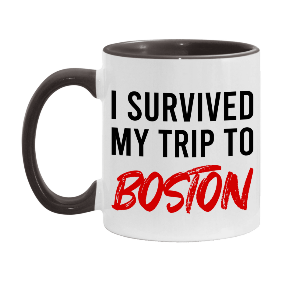 Funny Travel Mug – I Survived My Trip to Boston, 11oz or 15oz White Ceramic Coffee Mug, Novelty Travel Gift