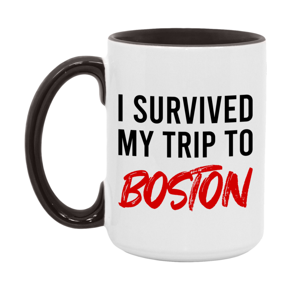Funny Travel Mug – I Survived My Trip to Boston, 11oz or 15oz White Ceramic Coffee Mug, Novelty Travel Gift