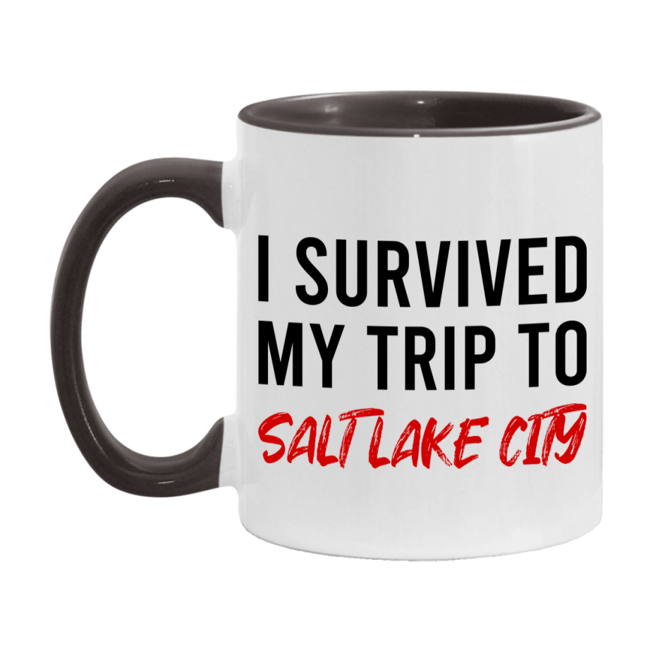 Funny Travel Mug – I Survived My Trip to Salt Lake Salt Lake City, 11oz or 15oz White Ceramic Coffee Mug, Novelty Travel Gift