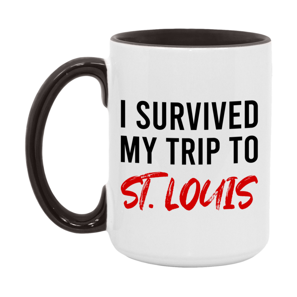 Funny Travel Mug – I Survived My Trip to St. Louis, 11oz or 15oz White Ceramic Coffee Mug, Novelty Travel Gift
