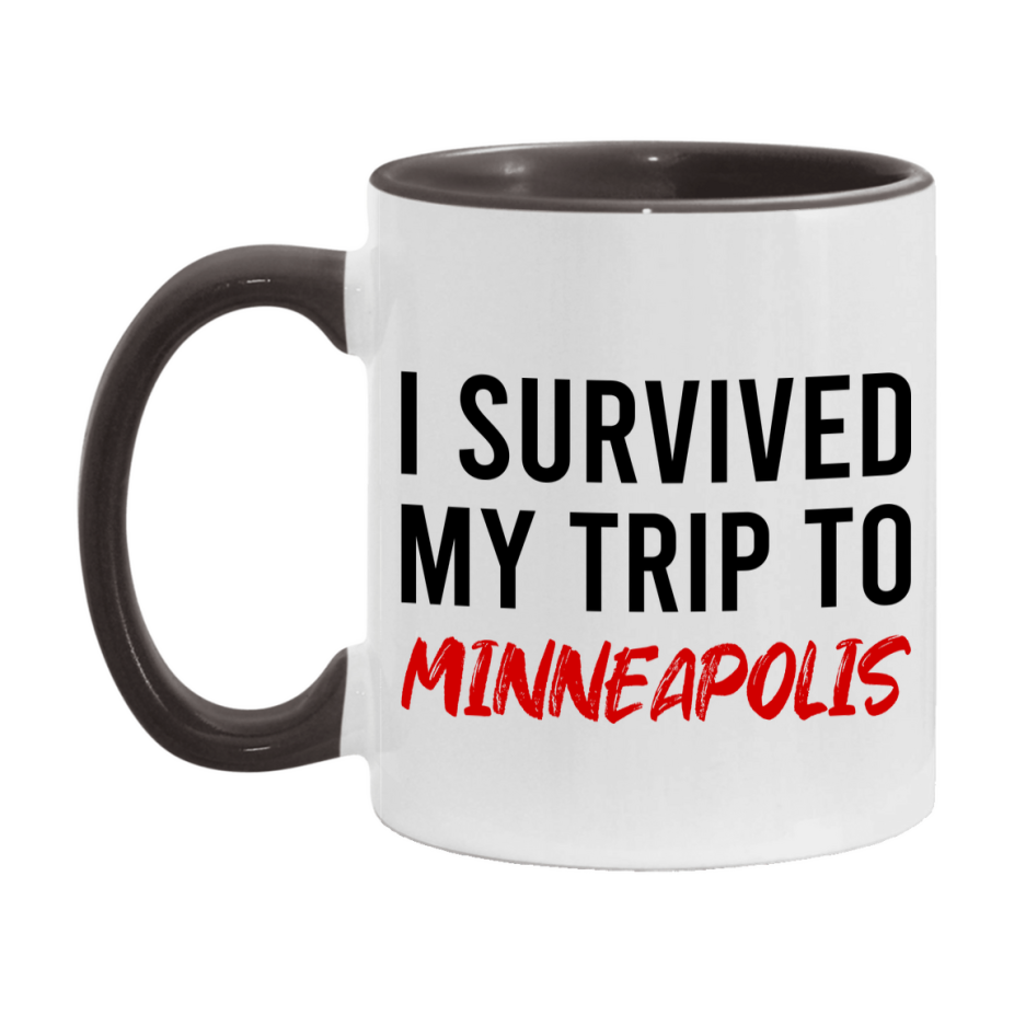 Funny Travel Mug – I Survived My Trip to Minneapolis, 11oz or 15oz White Ceramic Coffee Mug, Novelty Travel Gift